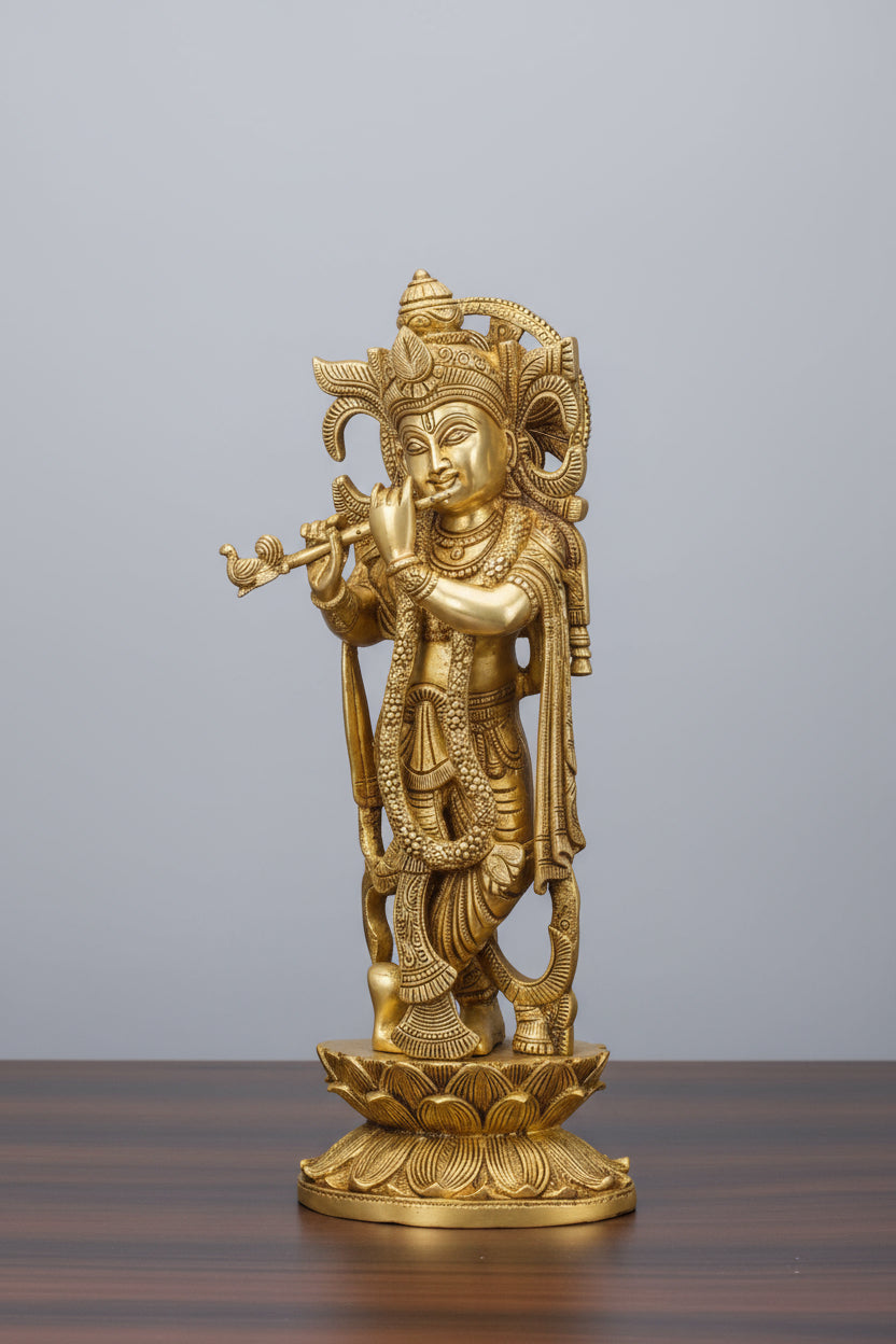 Brass Krishna Flute Playing Idol/Decorative Lord Krishna Standing Flute Statue/showpiece, Gift Item